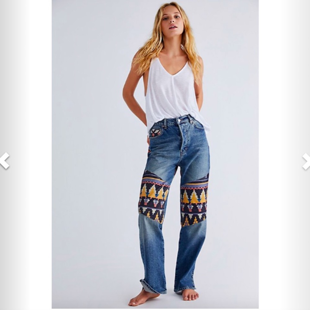 Free People We the Free Rocky Mountain Straight Leg Aztec Patchwork Jeans